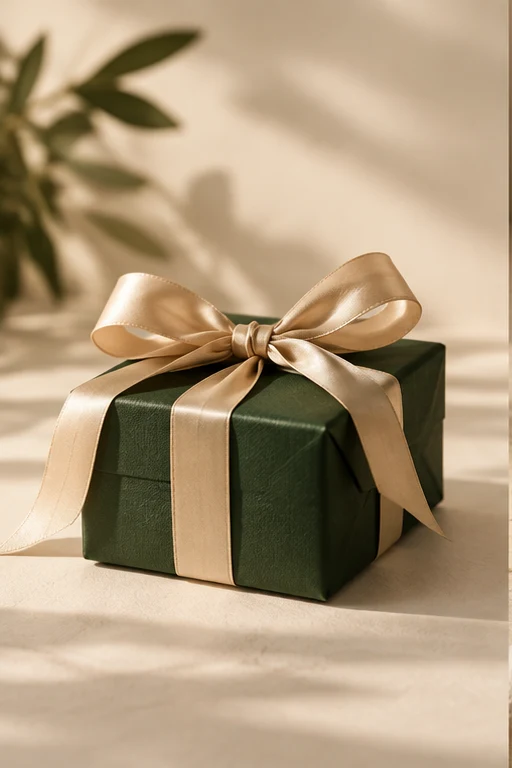 Concept: a forest-green gift box with a champagne ribbon