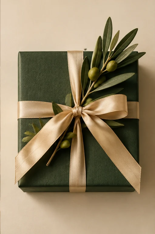 Concept: a wrapped green gift with ribbon and an olive branch